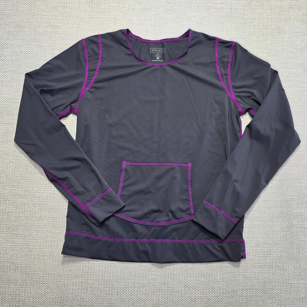 ATHLETA Women's Size M Athletic Long‎ Sleeve Top Pullover Gray Purple Trim